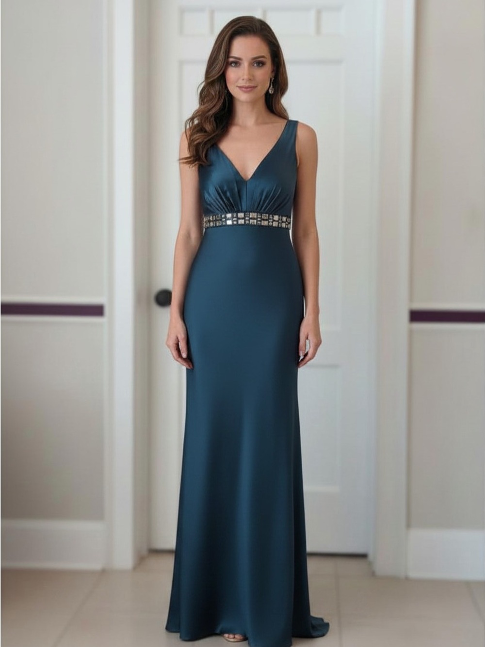 Carmen Marc Valvo Elegant Ocean Blue Satin Evening Gown with Appliques